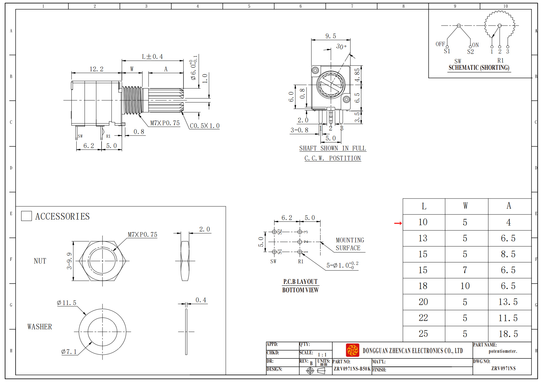 ZRV0971S系列单联带旋转开关电位器尺寸图
