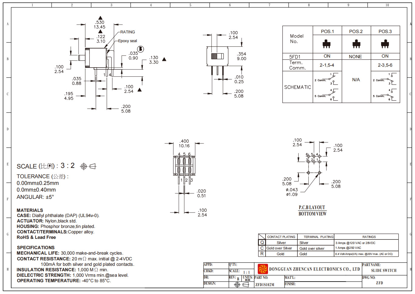 ZFD1S102M大电流直插卧式滑动开关尺寸图